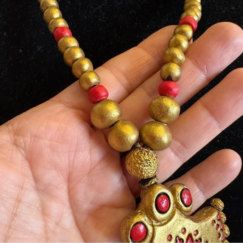 Terracotta Necklace Indian Bollywood Style Gold Red Temple Wedding Jewelry - Picture 4 of 16